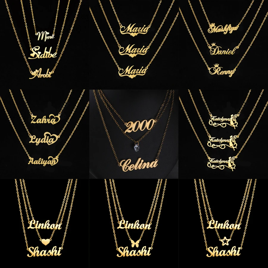 Atoztide Personalized Custom Names 3 Layer Necklace for Women Stainless Steel Chain Pendant Christmas Family Jewelry Couple Gift