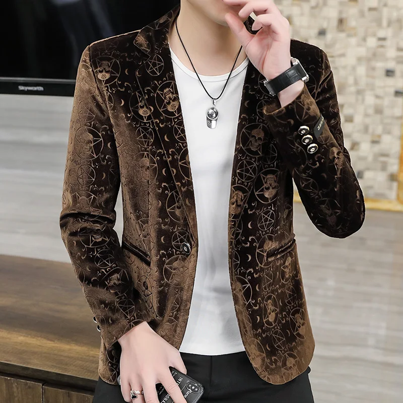 Velvet Jacquard Luxury Blazers For Men Skulls Fashion Slim Fit Spring Quality Soft Comfortable Suits Coat Casual Terno Masculino