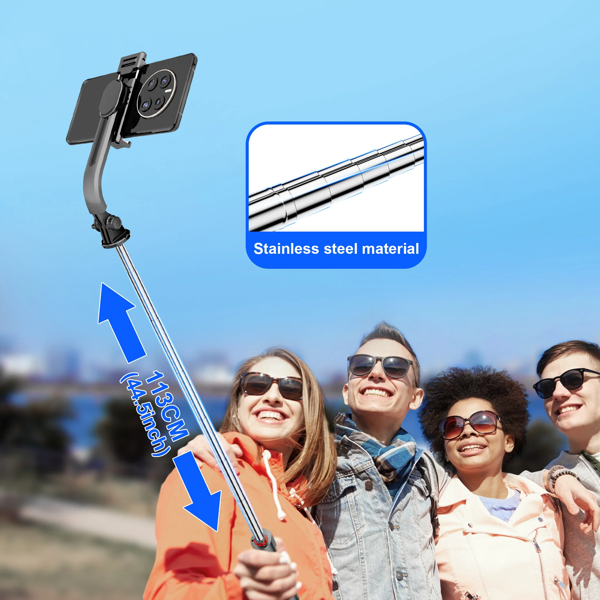 Selfie Stick 1130mm Extended Wireless Bluetooth Stabilizer for Android IOS Smartphone