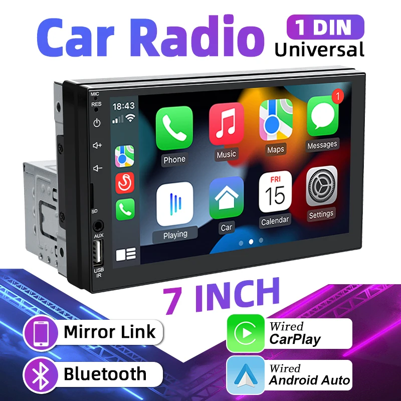 7“ 1 Din Car Radio Carplay Android Auto Multimedia Player Universal Autoradio HD