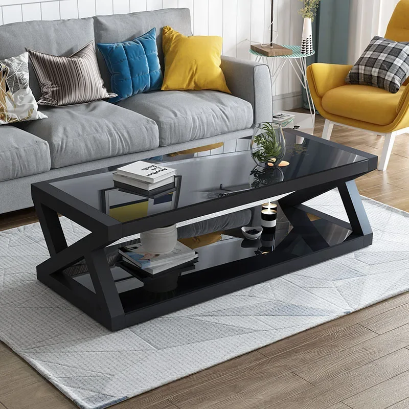 

Black Coffee Table Glass Top Rectangle Elegant Modern Storage Art Coffee Cabinet Living Room Floor Bijzettafel House Furniture