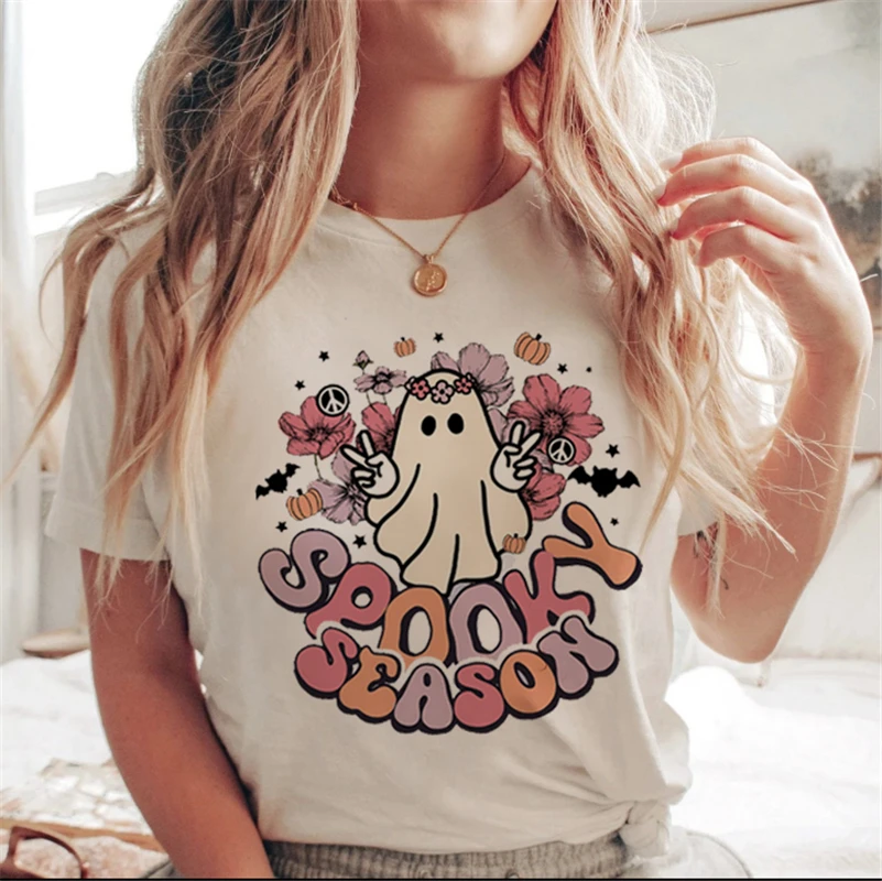 Lettera stampata bianca cartone animato Halloween autunno maglietta casual vestiti tendenza anni '90 donna donna T costume donna stampa grafica925_voghion.com