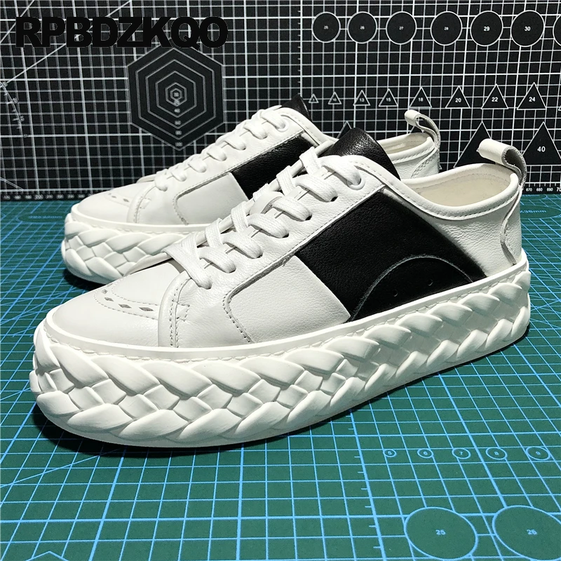 

Patchwork Woven Trainers Flats Cow Leather Flatforms Creepers Athletic Skate Shoes Sport Braided Lace Up Men Sneakers Muffin