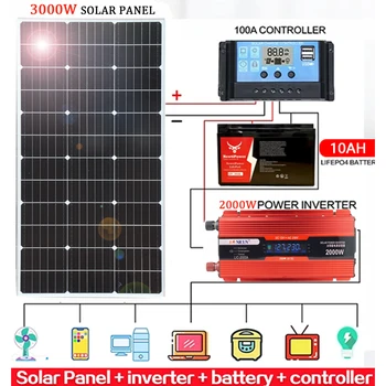 3000W Rigid Solar Panel 18V Monocrystalline Solar Panel Kit 110V 220V 2000W Inverter10Ah LFP Battery For Home Car solar Cell