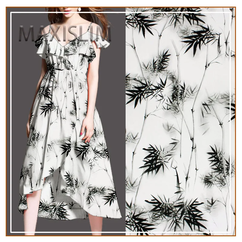 

Plain Satin Black White Bamboo Leaf Print Fabric DIY Sewing Bag Skirts Sling Dress Fashion Plant Print Fabric Wide:150CM No:P06