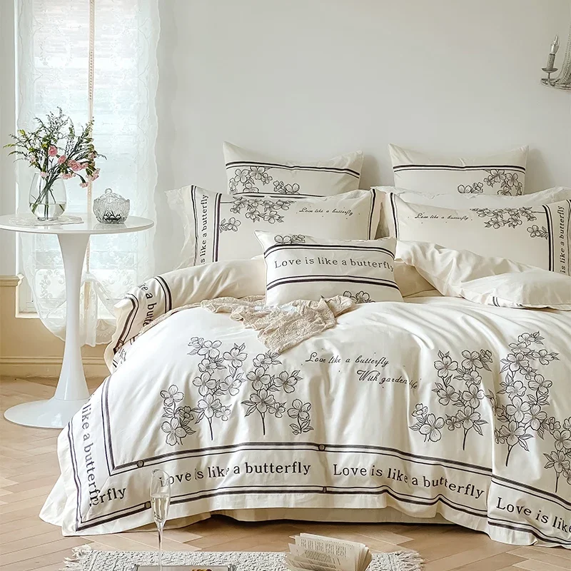 White Black Flower Pattern Quality Silky Soft Egyptian Cotton Bedding set Queen King Size 4Pcs Duvet Cover Bed Sheet Pillow Case 2