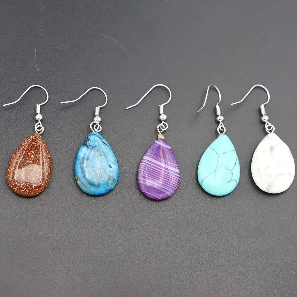 Natural Stone Flat Water Drop Earrings Pendant Rose Quartz Opal Crystal Agate Dangle Women Party Wedding Jewelry 6Pair Wholesale