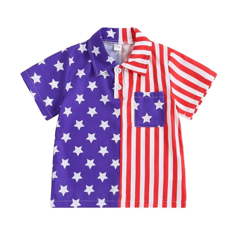 

4th of July Kids Boys Shirts Stripe Stars Print Turn-Down Collar Short Sleeve Buttons Shirt Summer Casual Tops Patriotic Clothes