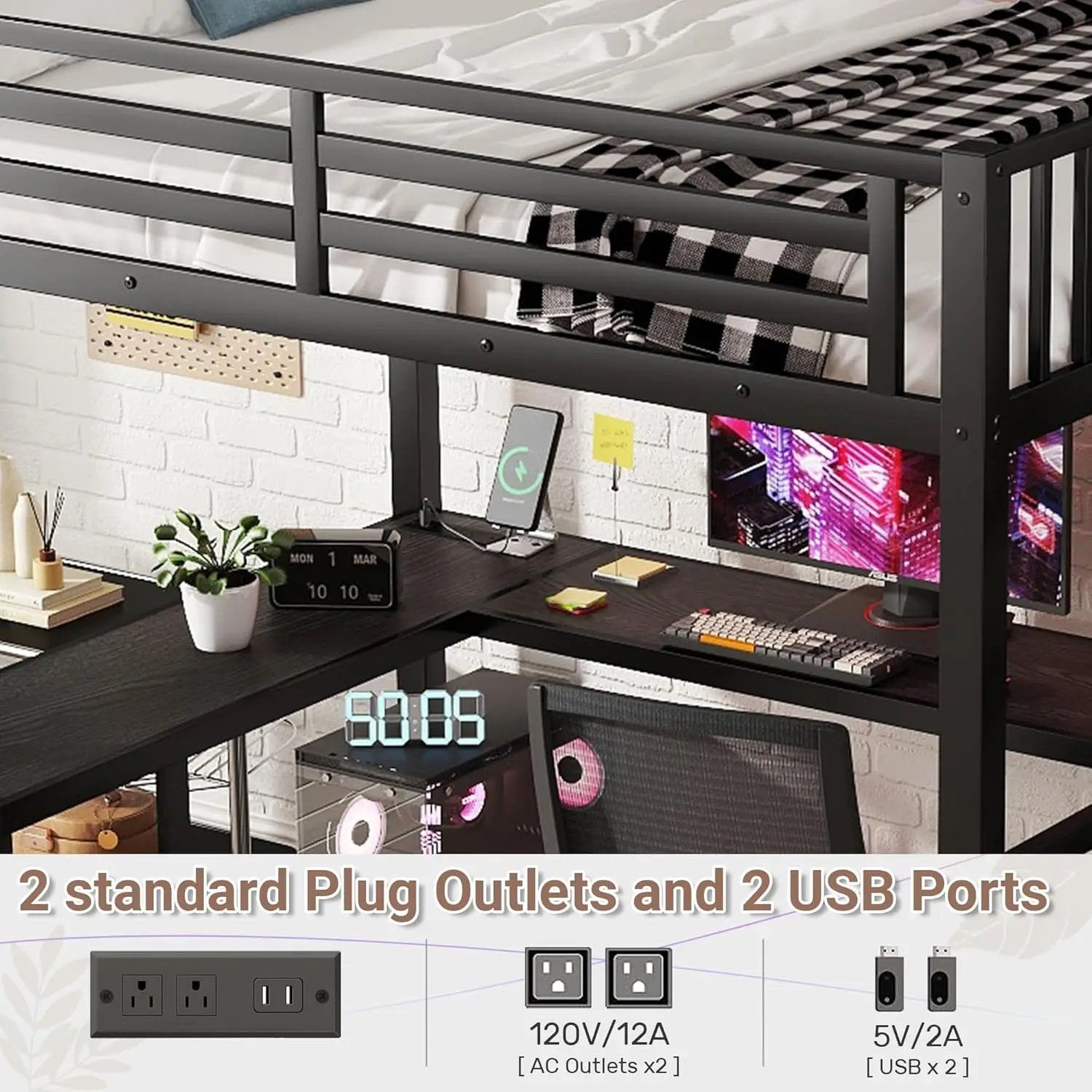Full Size Loft Bed with Desk and Stairs Gaming Loft Bed with RGB LED Light and Storage Heavy-Duty Metal Lofts Beds Frame with