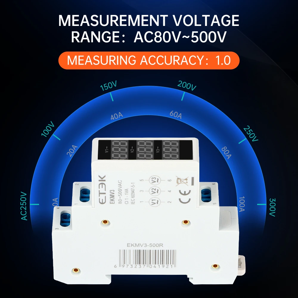 Din 레일 전압 측정기 Ac 220v 230v 380v 80-500V EKMV3 ETEK 용 모듈 형 Led 디지털 3 상 전압계