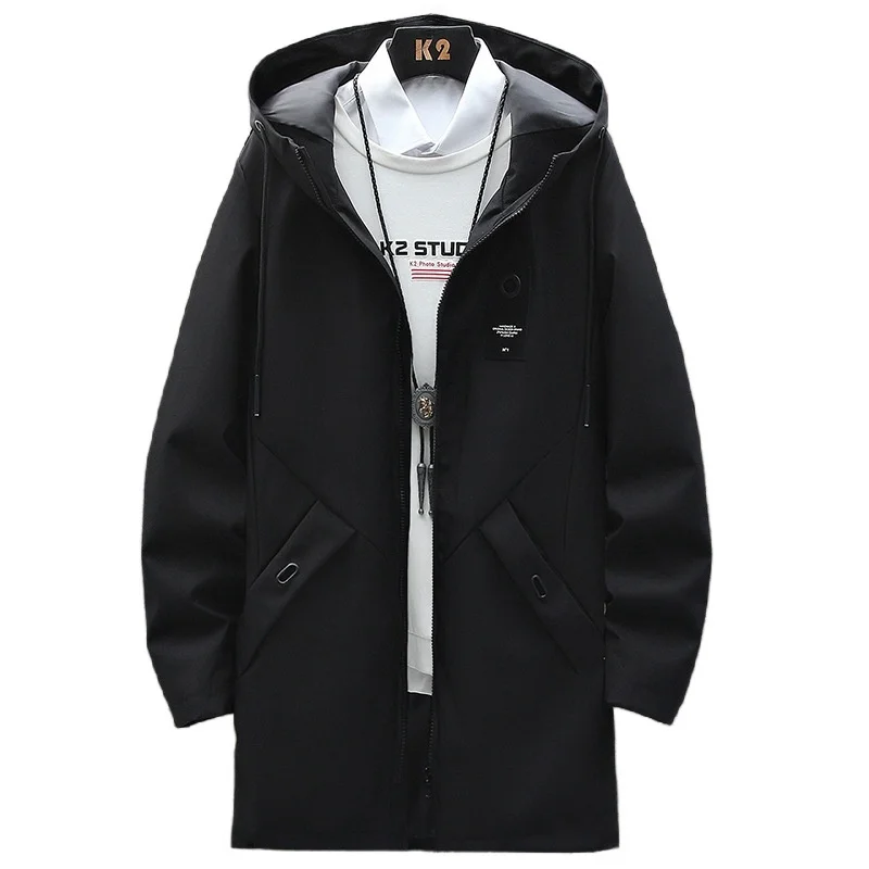 Spring Autumn Men's Mid Length Cargo Jacket Thin Trench Coat Solid Color Fashion Business Casual Handsome Slim Fit Hooded Jacket