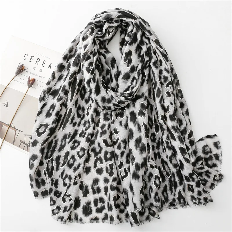 2024 Fashion Women Leopard Floral Fringe Viscose Shawl Scarf Print Soft Lady High Quality Pashmina Stole Muslim Hijab 180*90Cm 5