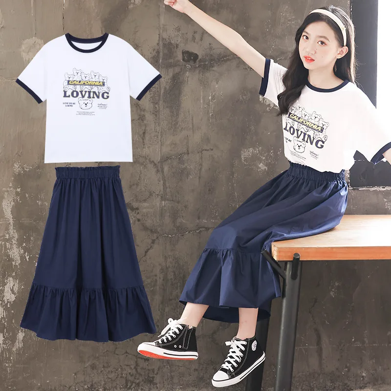 

2024 Korean Summer Teenager Girl Sweet Suit Children Girl Bear Short Sleeve Tops+Solid Skirt Sets Girls From 4-12 Years Old