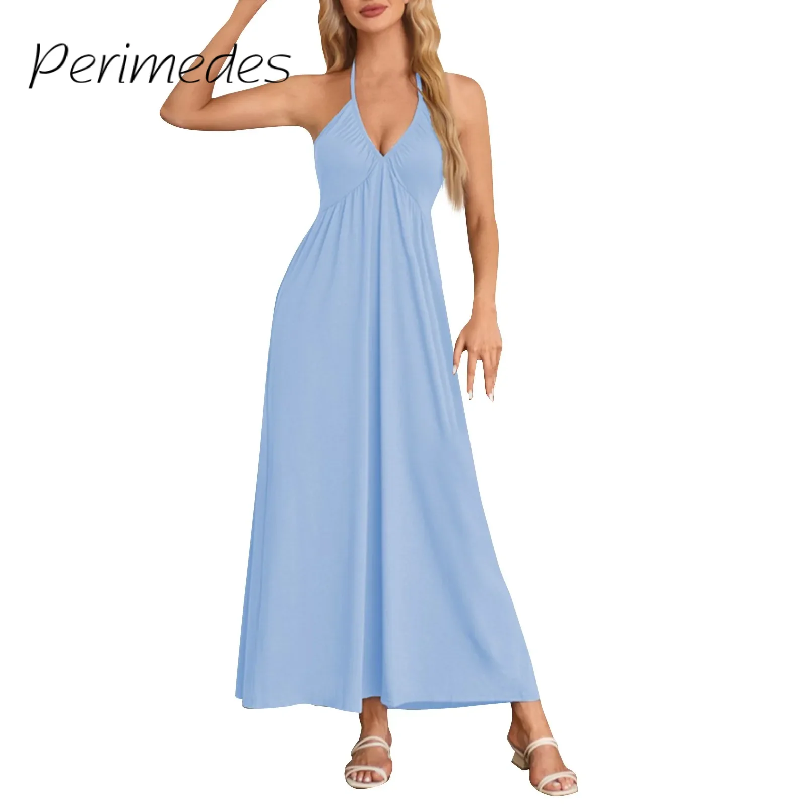 

Women'S Summer New Dress Casual Solid Color V-Neck Hanging Neck Dress Suspender Backless Temperament Sleeveless Stylish Dress