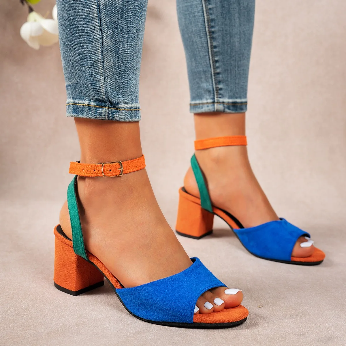 Fashion Block Heel Slingbacks Women Color Match Open Toe Pumps Elegant Office Ladies High Heels Women's Comfortable Sandals