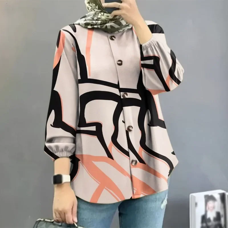 The traditional long-sleeved printed women's wine casual button-up top fall new arrival cross-border best seller