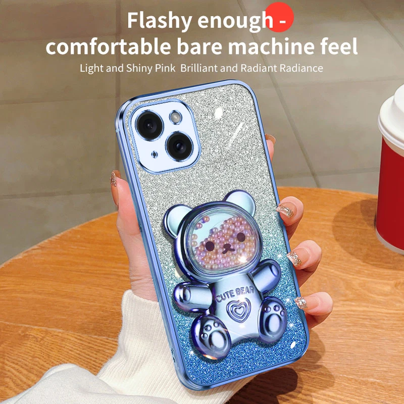 Coque de téléphone avec support à paillettes, ours mouvant, étui pour iPhone 15 14 12 13 11 Pro Mini 13pro X Xr Xs Max 7 8 6 Plus_voghion.com