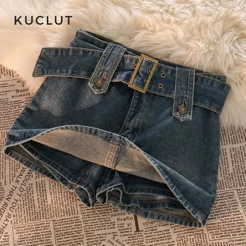 

Korean Y2K Vintage Women Button Belted Short Denim Mini Skirts Aesthetic Fairy Grunge High Waiste Jeans A-line Skirt Alt Clothes