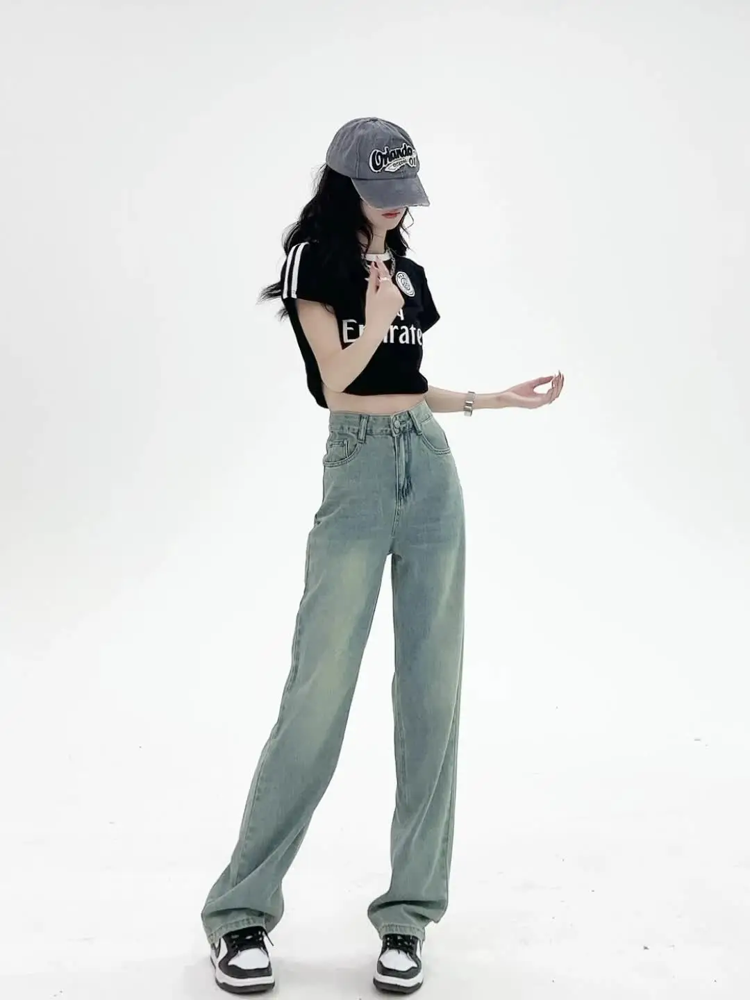 

Vintage Distressed Women Jeans Summer High Waist Loose Full Length Straight Trousers Washed Bleached Simple Baggy Wide Leg Pants