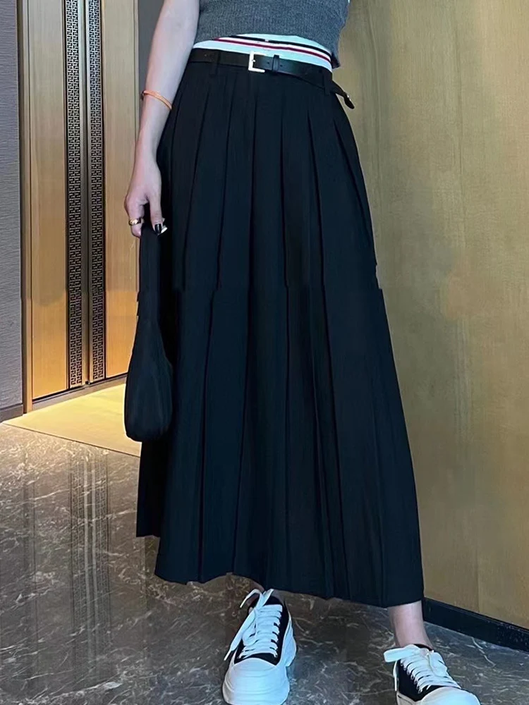 

Retro solid color crease stitching high waist elastic belt skirt fashion new Joker big swing women's long skirt