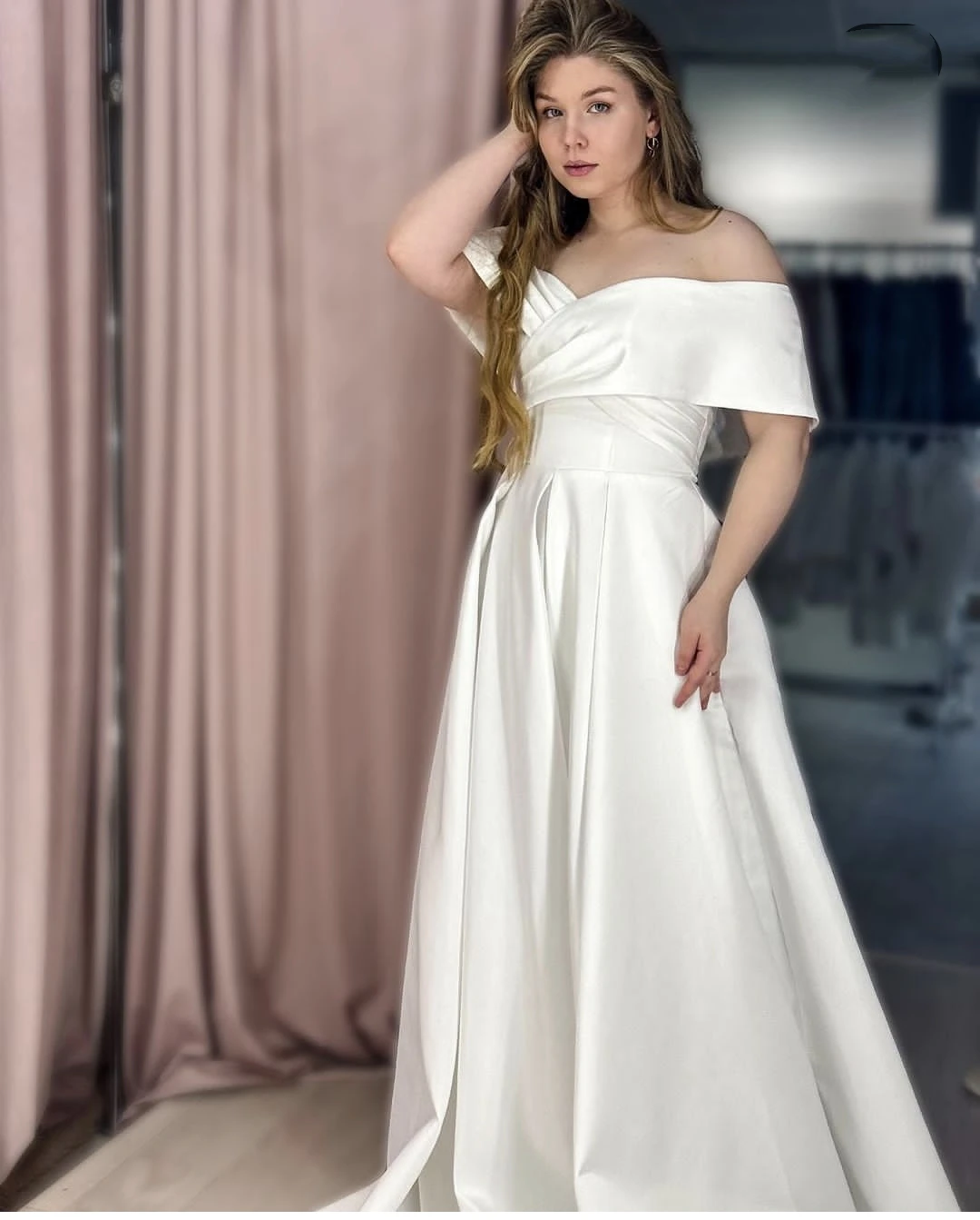 

Plus size Wedding Dress A-Line Satin Off The Shoulder For Women Customzie To Measure Simple Beach Robe Mariee Vestido De Novia