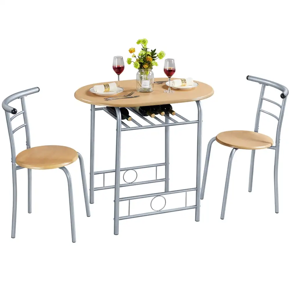 

3-Piece Dining Table Set Kitchen Table Set with Storage Rack, Natural