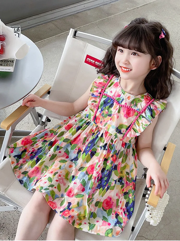 2-8T Summer Flower Girls Dresses Elegant Ruffles Toddler Kid Baby Girl  Clothes Casual Floral Dress Childrens Outfit