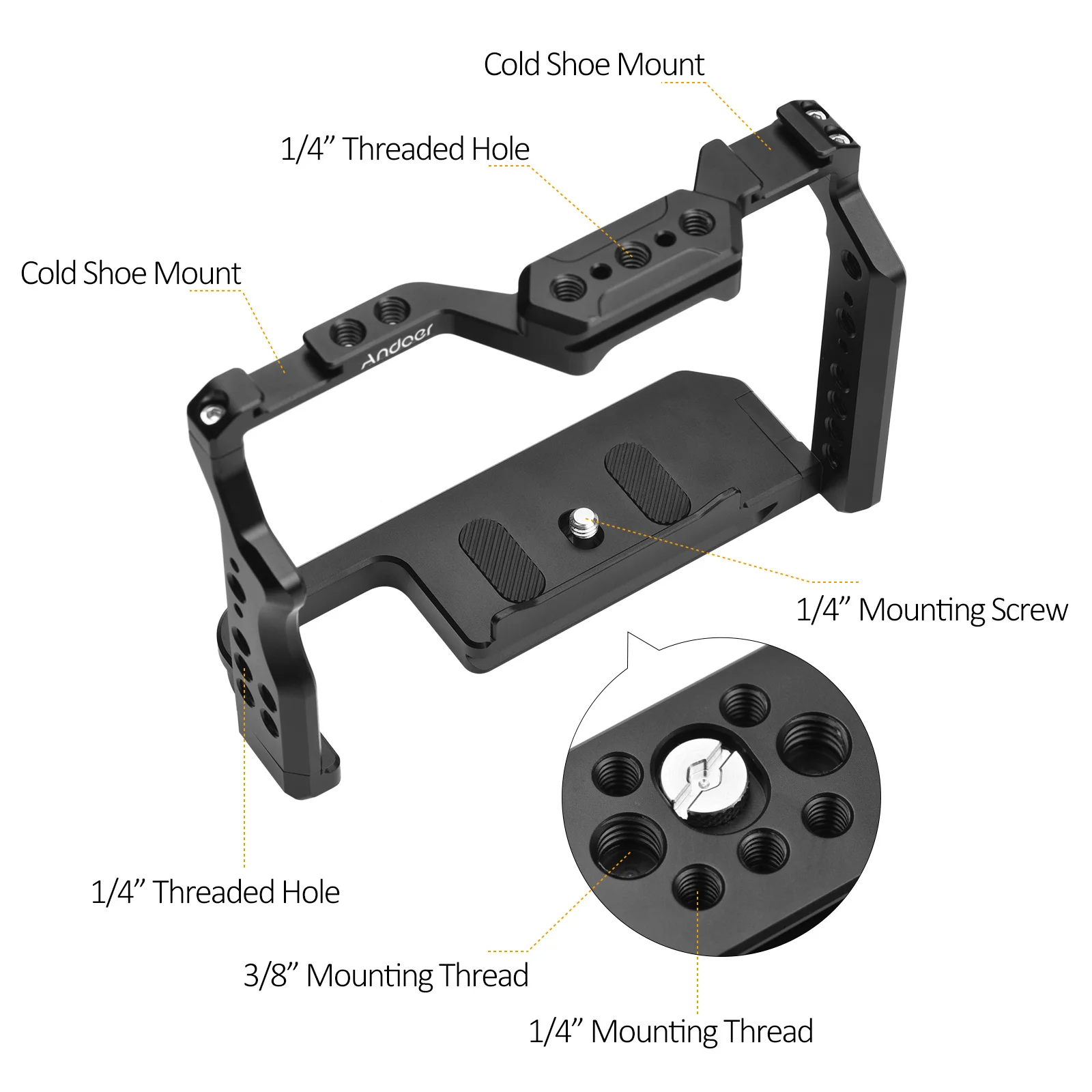 Camera Cage with Dual Cold Shoe Mounts 1/4 Inch Threads for Sony A7IV/ A7III/ A7II/ A7R III/ A7R II/ A7S II