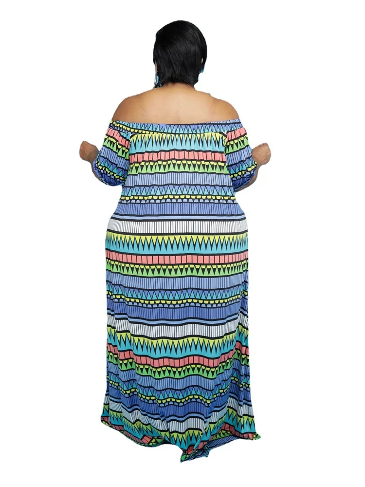 Wmstar Plus Size Women Clothing Summer Dress Wholesale Off Shoulder Elegant Striped Print Full Length Maxi Dresses Dropshipping