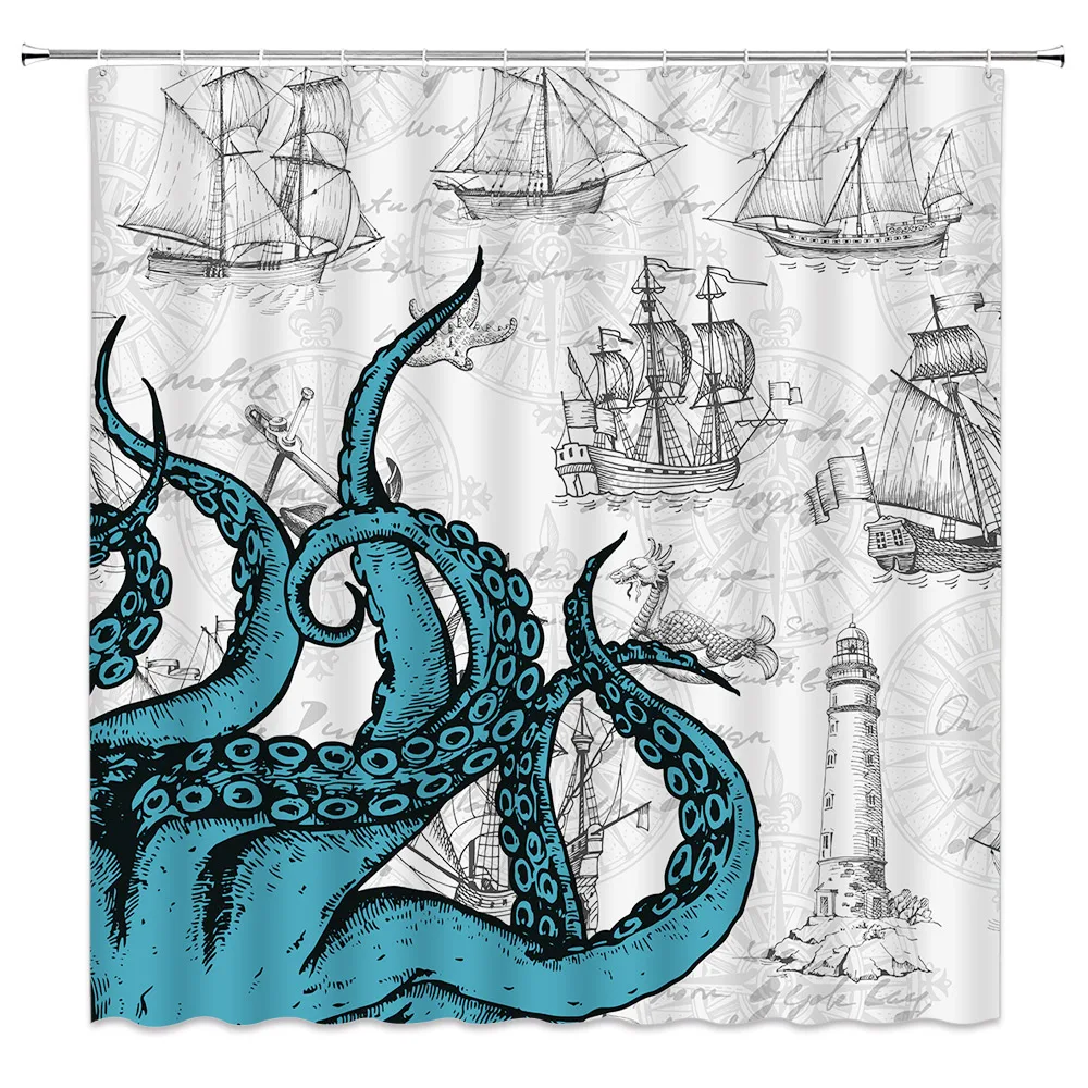 Nautical Octopus Shower Curtain Sailboat Kraken Ocean Animal Bathroom Decor Polyester Fabric Bath Curtains With Hooks