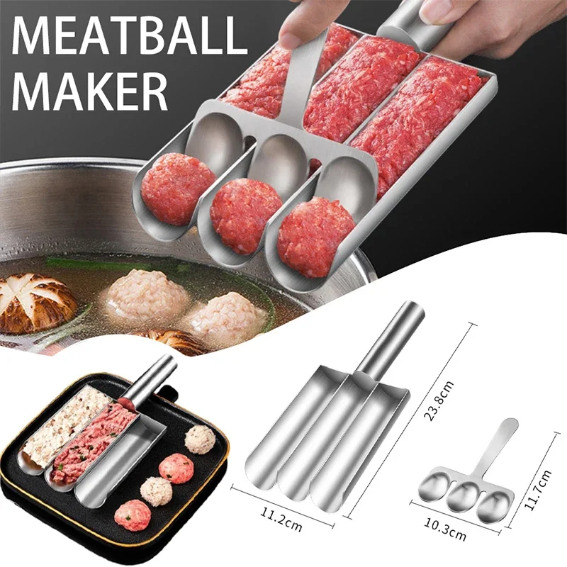 Stainless Steel Triple Meatball Maker Creative Meat Baller Scoop Tool with Spoon for Cooking DIY Easy Meatball Making Mold Set