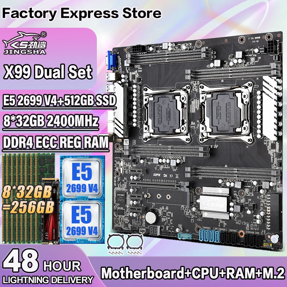 X99 Dual motherboard with 2* Xeon E5 2699 V4 CPU 8*32GB 2400mhz DDR4 REG ECC Memory with 512GB M.2 SSD Support 10* SATA3.0