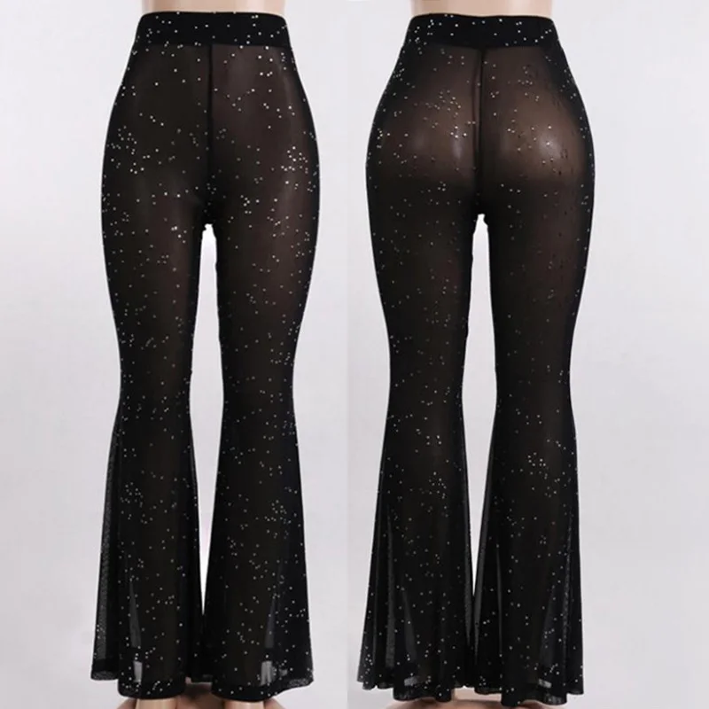 2024 Summer Wine Red Transparent Wide Leg Pants Y2K Trousers Sexy High Waist Women New Fashion Flash Diamond Trousers Streetwear