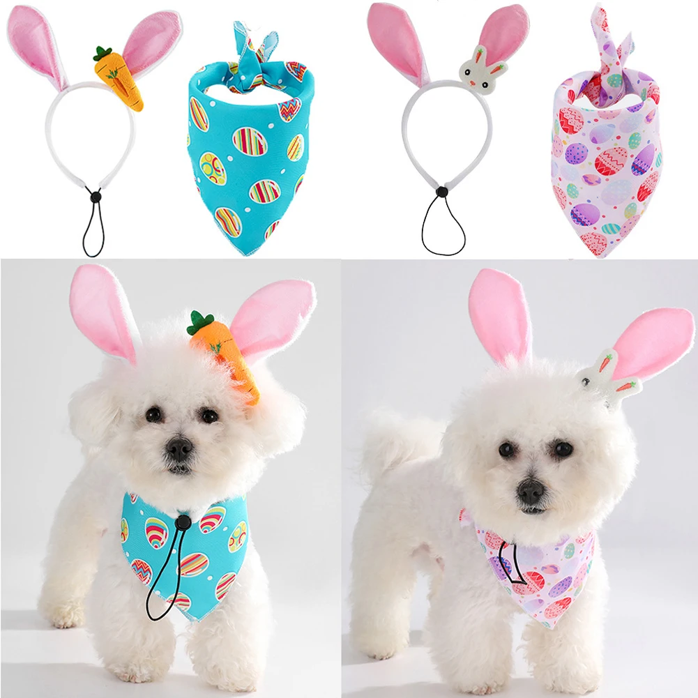 2Pcs/set Dog Easter Costumes Adorable Bunny Ears Headband Cute Dog Bandana Cats Photography Headbands Pet Costume Headwears 3