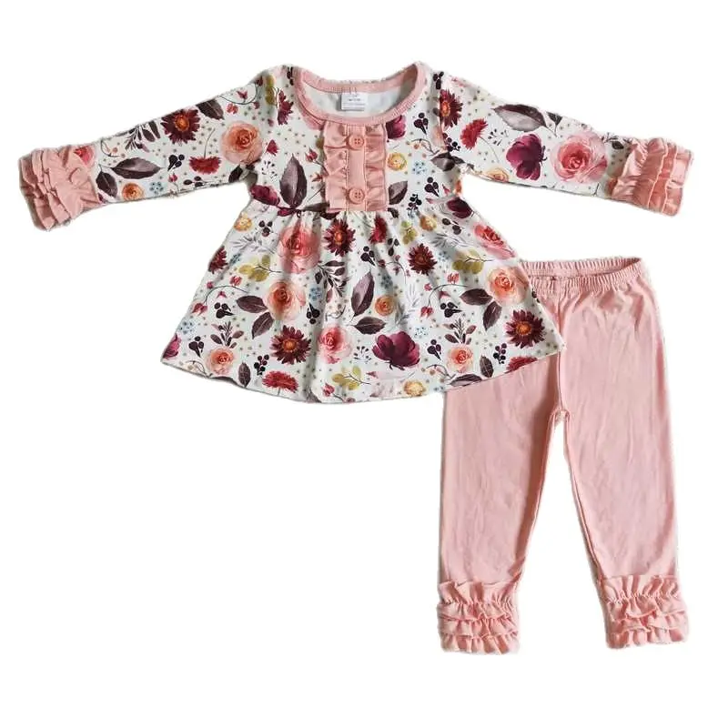 Children Girls Clothes Floral Frilly Tops Ruched Pants 2Pieces Sets