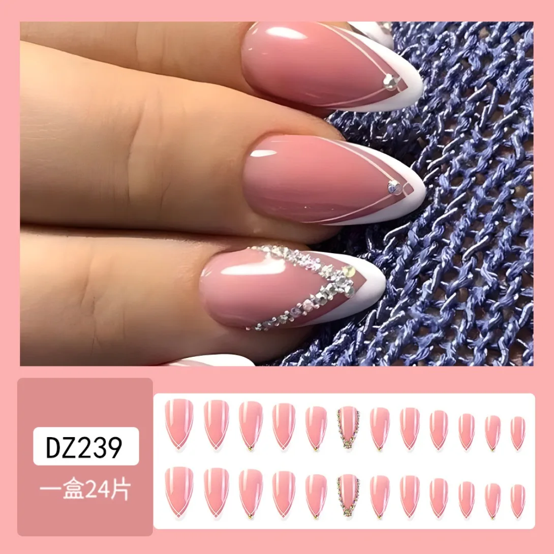

24p Artificial Acrylic Nail Art Fake Nails Full Coverage Removable Press On nail Tips Pink Glossy White Edge Almond False Nails