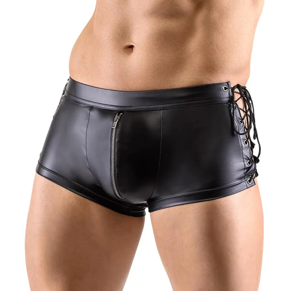 Black Leather Look Side Lace Up Mens Sexy Lingeries Boxers Shorts Panties Underwear Underpants Male Exotic NIght Club Dance Wear
