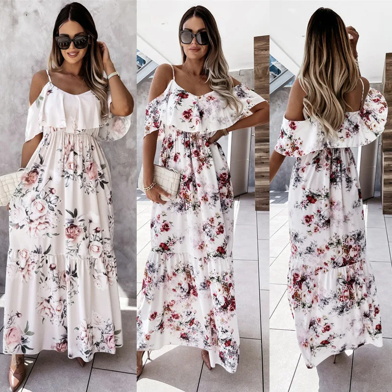 

New Summer Fashion Women Floral Sexy Dress Off Shoulder Sunflower Dress Female Casual Beach Sundress Evening Party Long Dresses