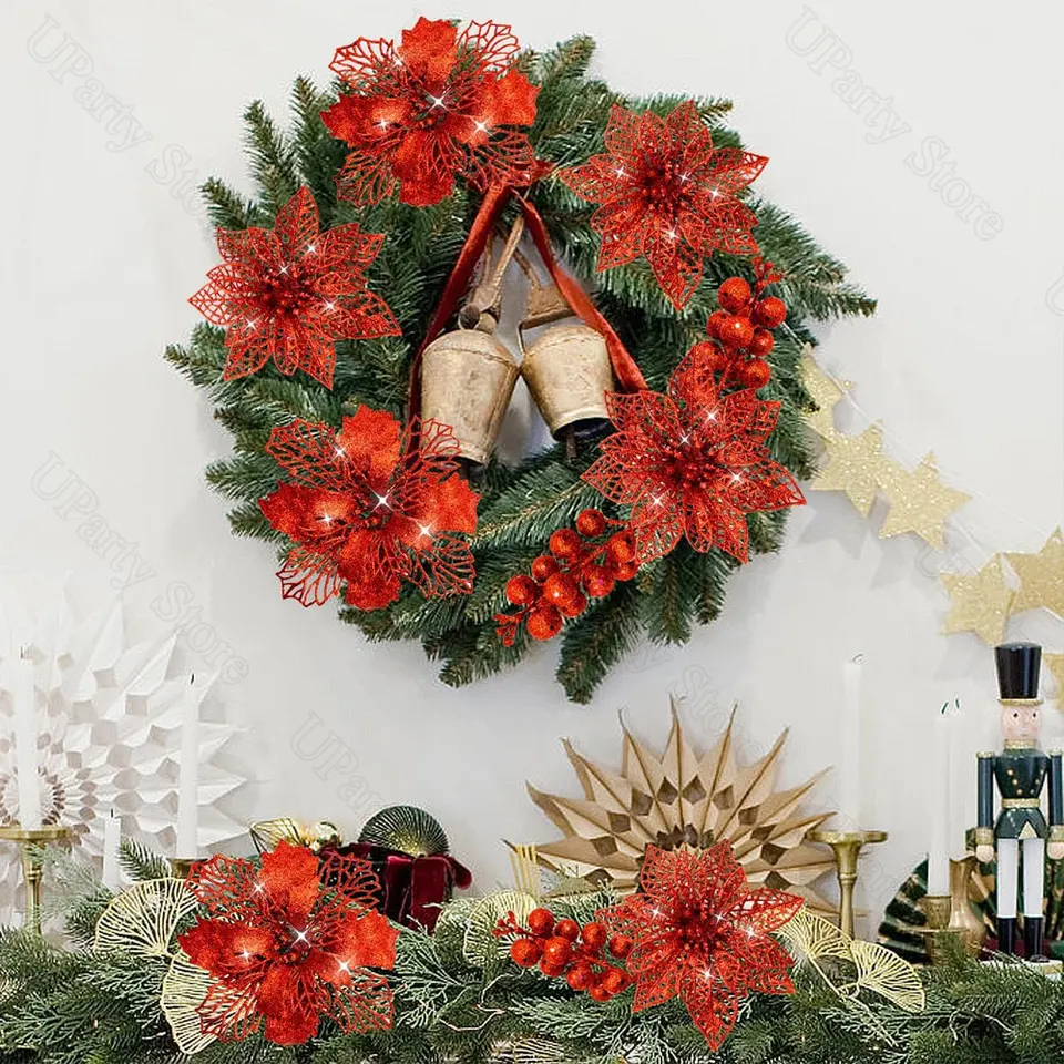 Poinsettia – Set Di 24 Ornamenti A Clip Con Stella Di Natale Rossa – Fiori Artificiali Per Decorazioni Natalizie, Ghirlande E Centrotavola - 2