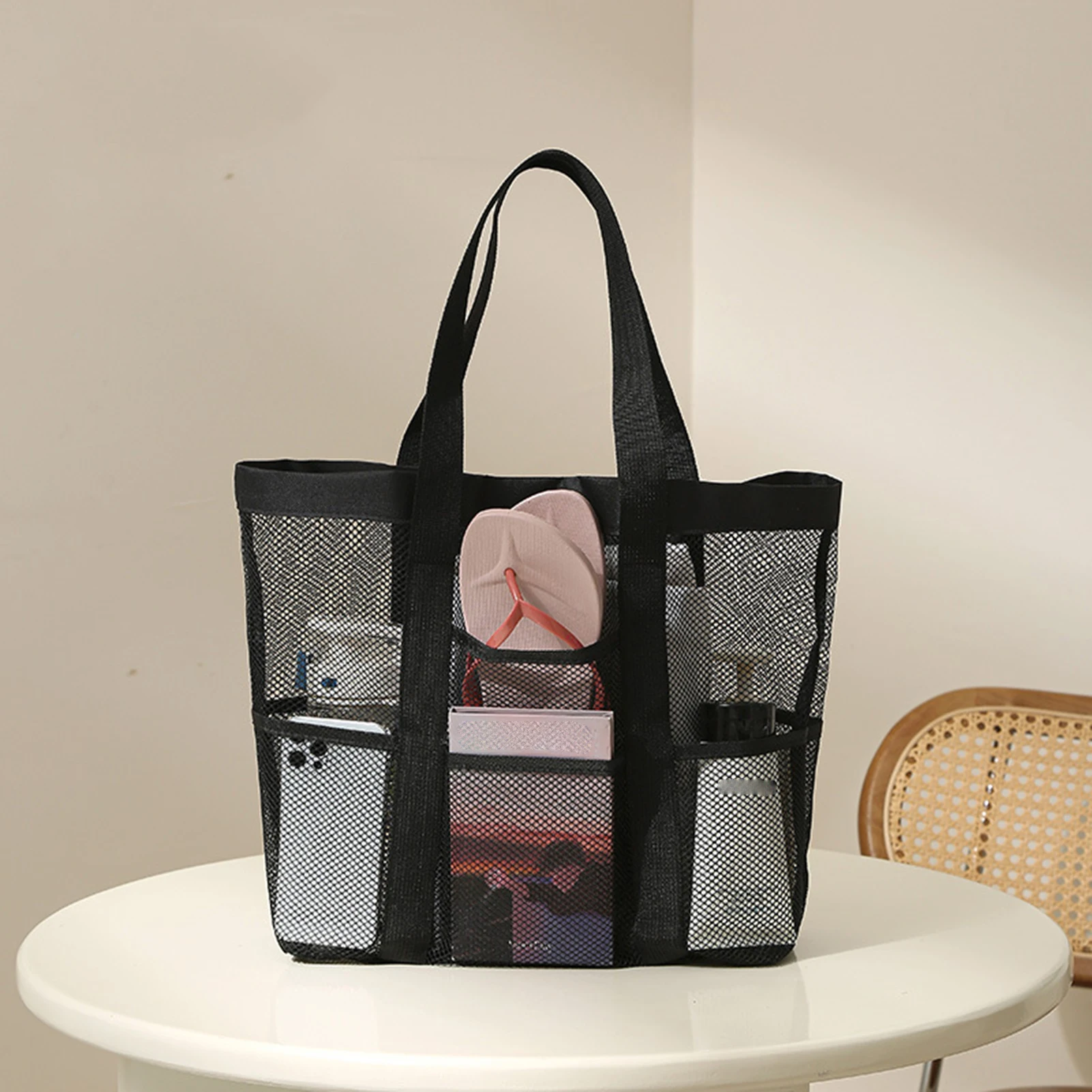 Mesh Beach Bag Large Capacity Hand-held Nylon Mesh Beach Supplies Storage Bag for Women Mother Vacation Use