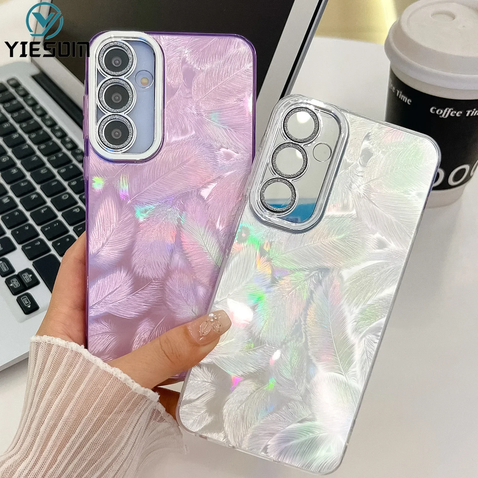 Luxury Laser Feather Gradient Rainbow Phone Case with Lens Film