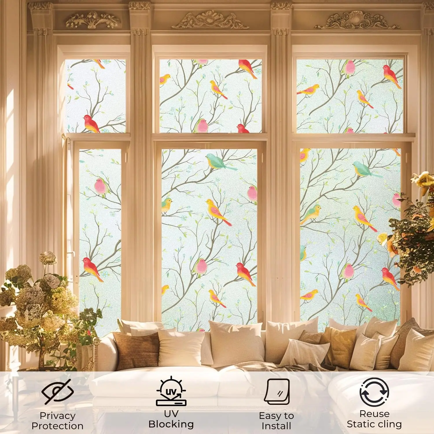 Frosted Privacy Static Cling Window Film UV Blocking Decorative Stained Glass Sticker for Front Door Bathroom
