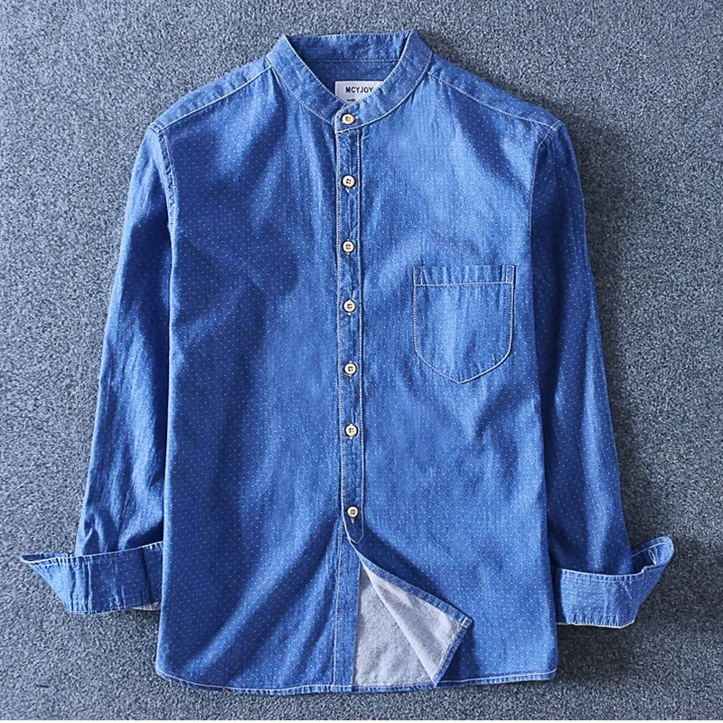 Schinteon Men Long Sleeved Denim Shirt Pure Cotton O-Neck Stand Collar Slim Slight Elastic Jeans Simple Solid Color Top