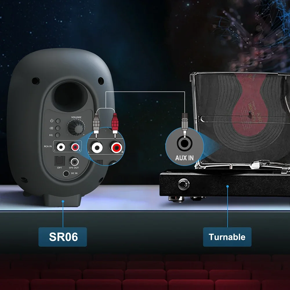 Regalbasiertes Heimkino-Soundsystem mit vielfältigen Eingangsoptionen.