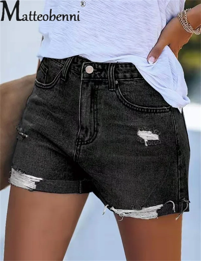 Summer Commuter Straight Denim Shorts Female Ladies Holes Cotton Five-quarter Length Trousers Women's 5-quarter Jeans Streetwear