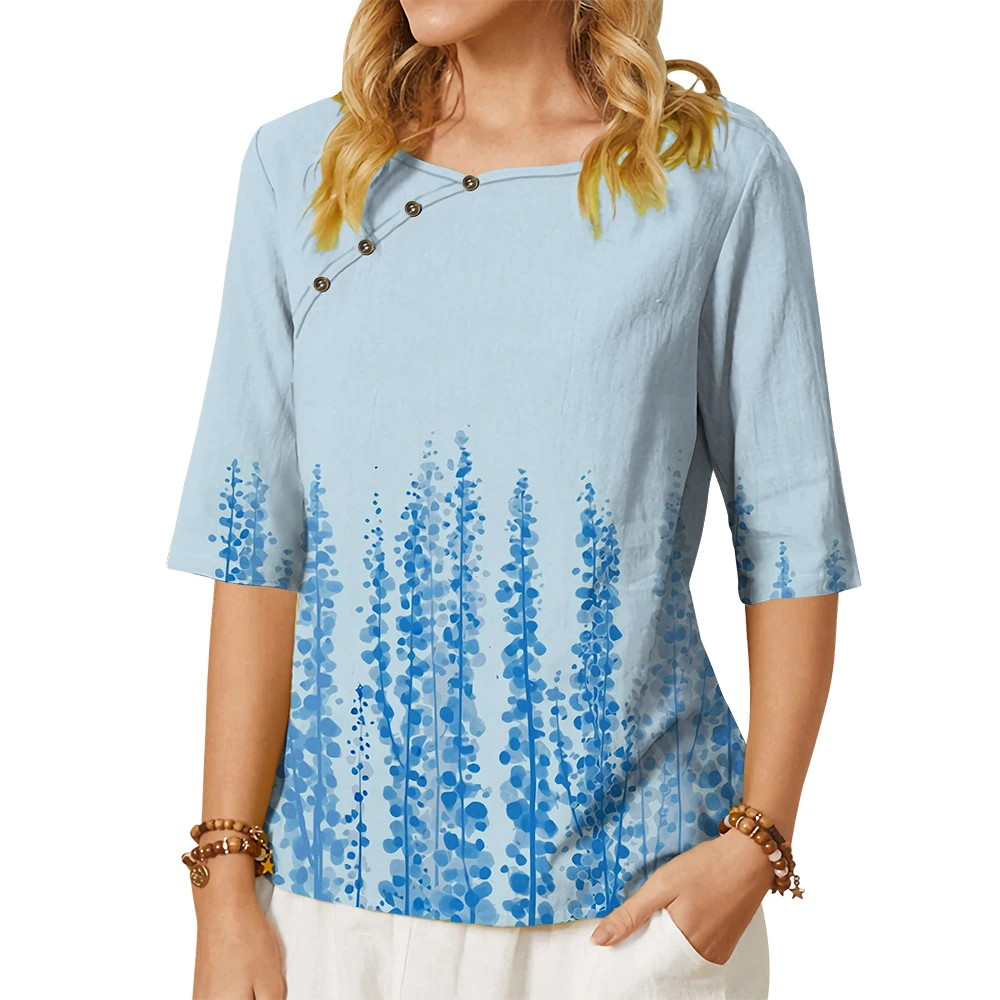

CLOOCL Fashion Women T-shirts Pretty Blue Floral Graphic T Shirts Casual Tees O-neck Button Loose Short Sleeve Tops Dropshipping