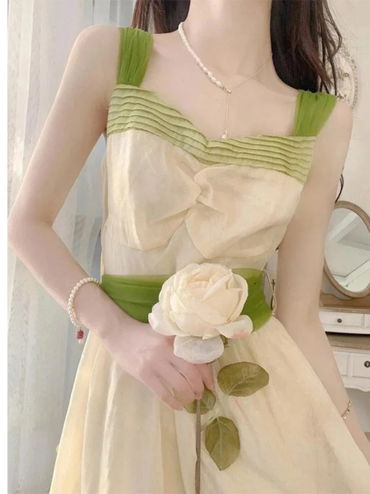 

2023 New Summer French Style Mori Style Green Suspenders Waist Dress Women's Chic Unique Temperament Western Style Long Dress