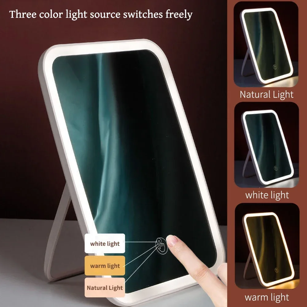 Vanity Lights USB Rechargeable Foldable Makeup Mirror Bathroom Dressing Table Lighting DimmableControl Tricolor Lamp Mirror Pink