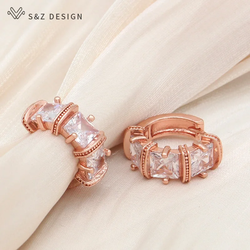 S&Z DESIGN New Fashion 585 Rose Gold Color Square Cubic Zirconia Drop Earrings For Women Wedding Elegant Jewelry Gift