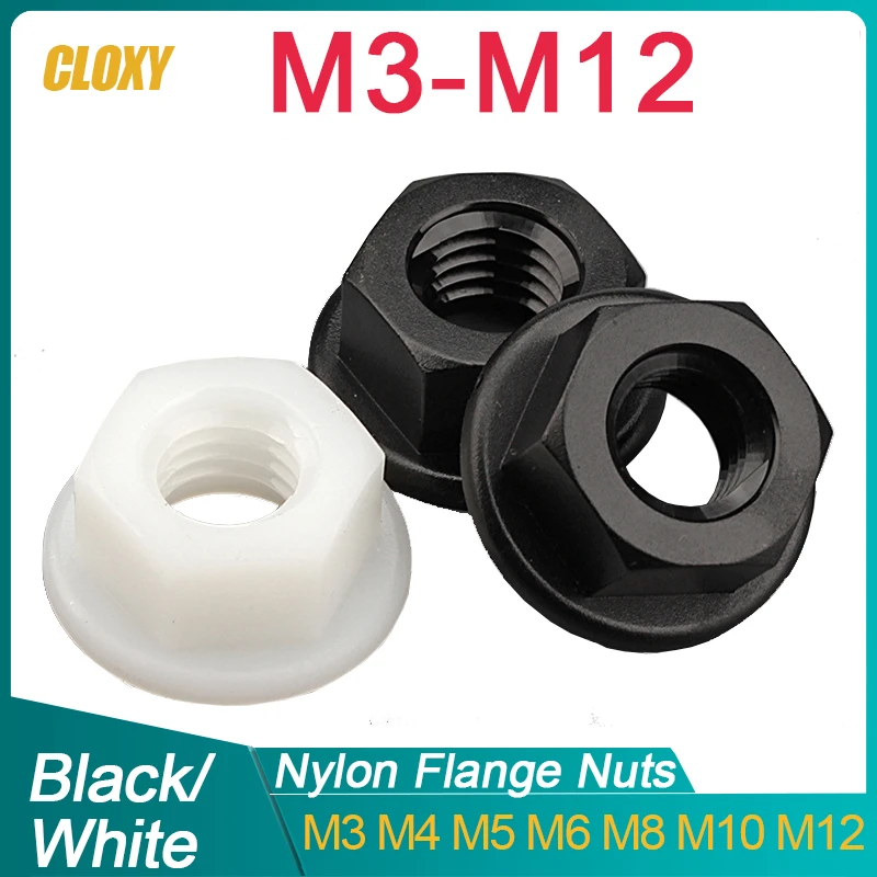 10/ 20/ 50pcs M3 M4 M5 M6 M8 M10 M12 Nylon Flange Nuts Hexagon Flange